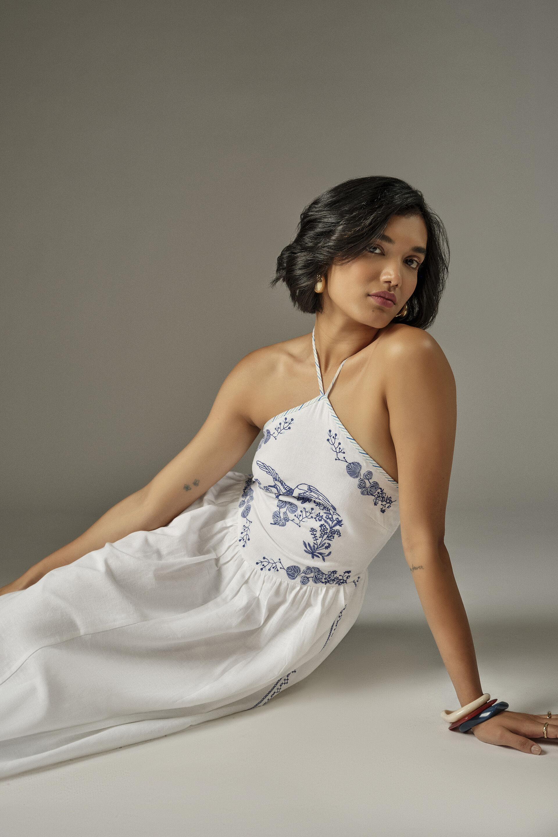 Halter Neckline Embroidered Midi Dress in White, White, image 3
